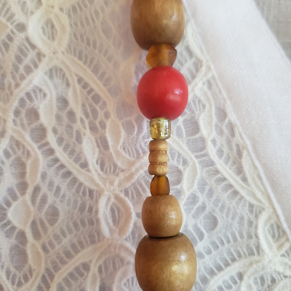Boho Red and Brown Wooden Necklace - Picture 4 of 6